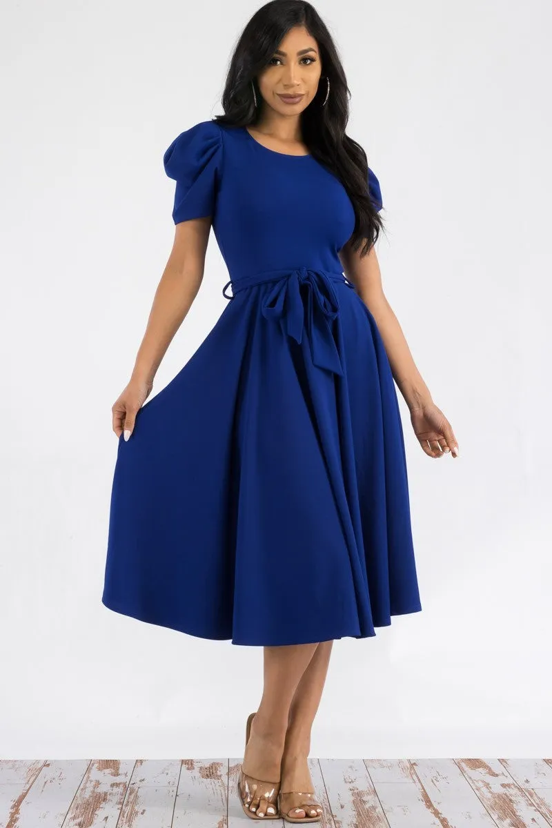 HH698R-S - PUFF SLEEVE MIDI COCKTAIL DRESS