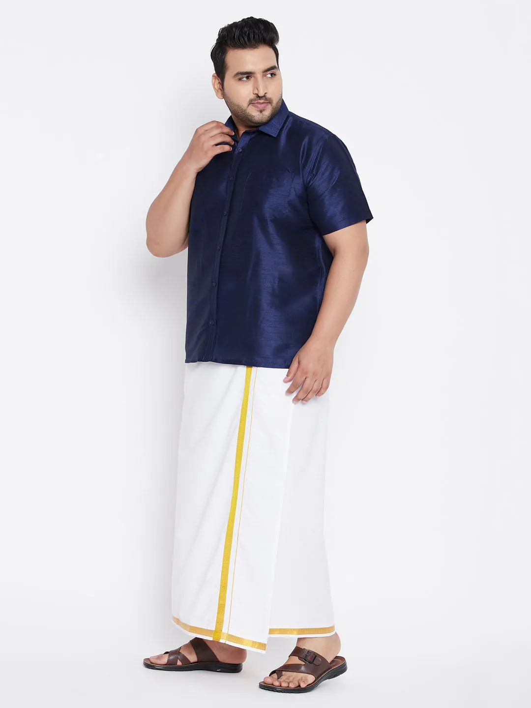 Jashvi Men's Plus Size Navy Blue And White Silk Blend Shirt And Mundu Set