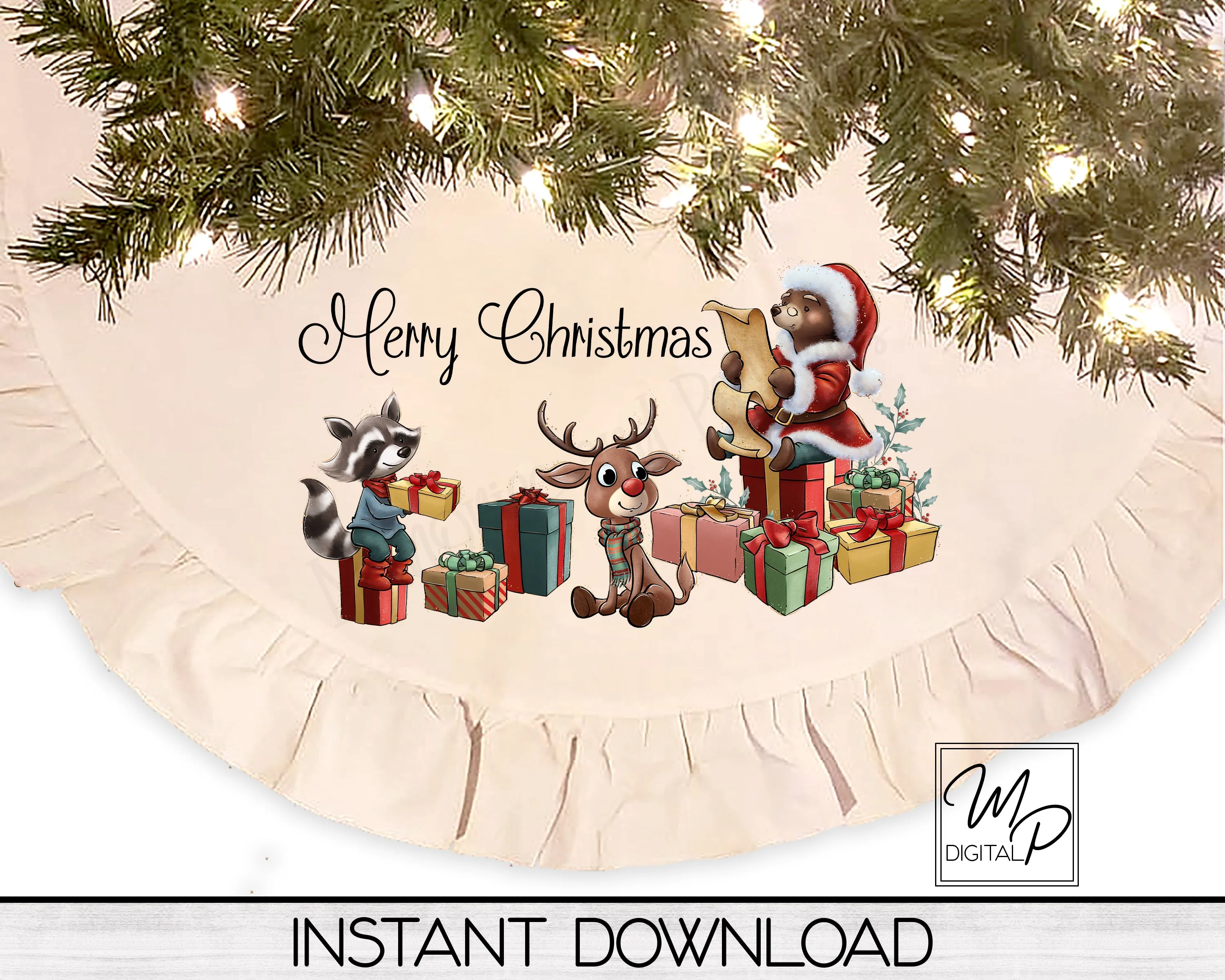 Merry Christmas Santa and Friends Tree Skirt Sublimation Design - Commercial Use