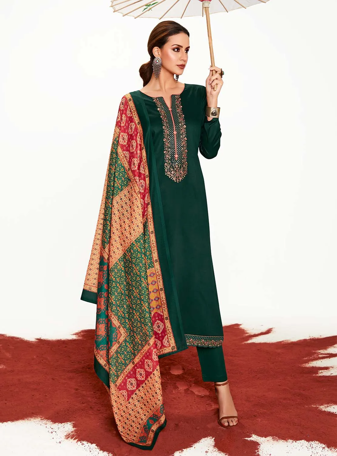 Mumtaz Arts Pure Cotton Satin Green Women Suit Unstitched