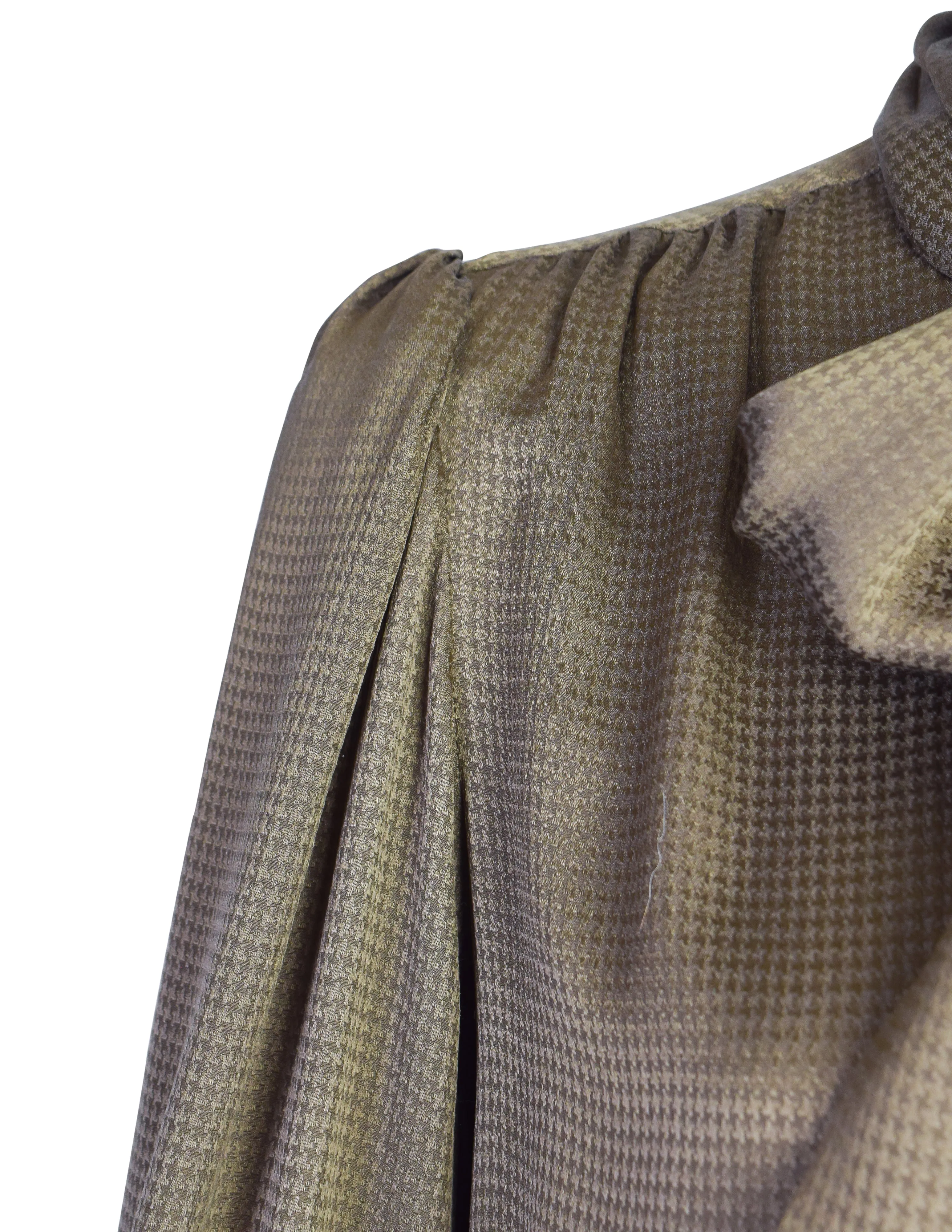 Yves Saint Laurent Vintage Green Houndstooth Silk Jacquard Lavalliere Shirt